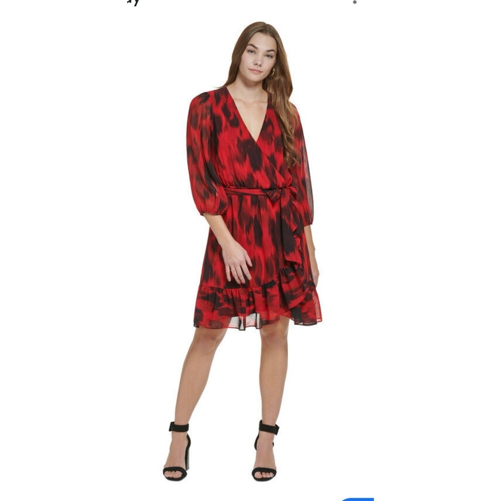 CALVIN KLEIN Womens Red Belted Chiffon Line Short Dress Petite Small Ruffle